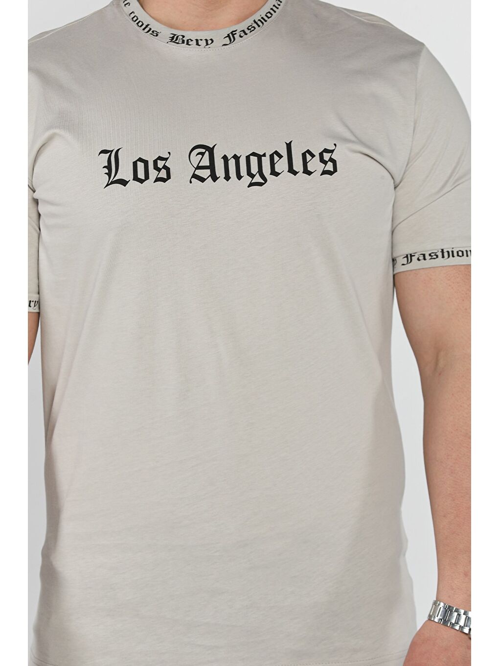 Gri Erkek Bisiklet Yaka Yazı Baskılı Tişört-3