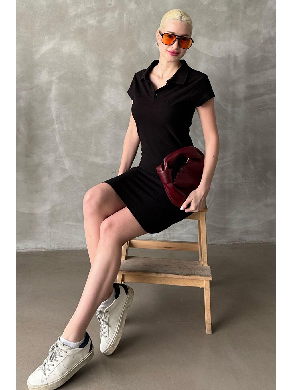 Siyah Düğmeli Polo Yaka Kadın Elbise Mg2305