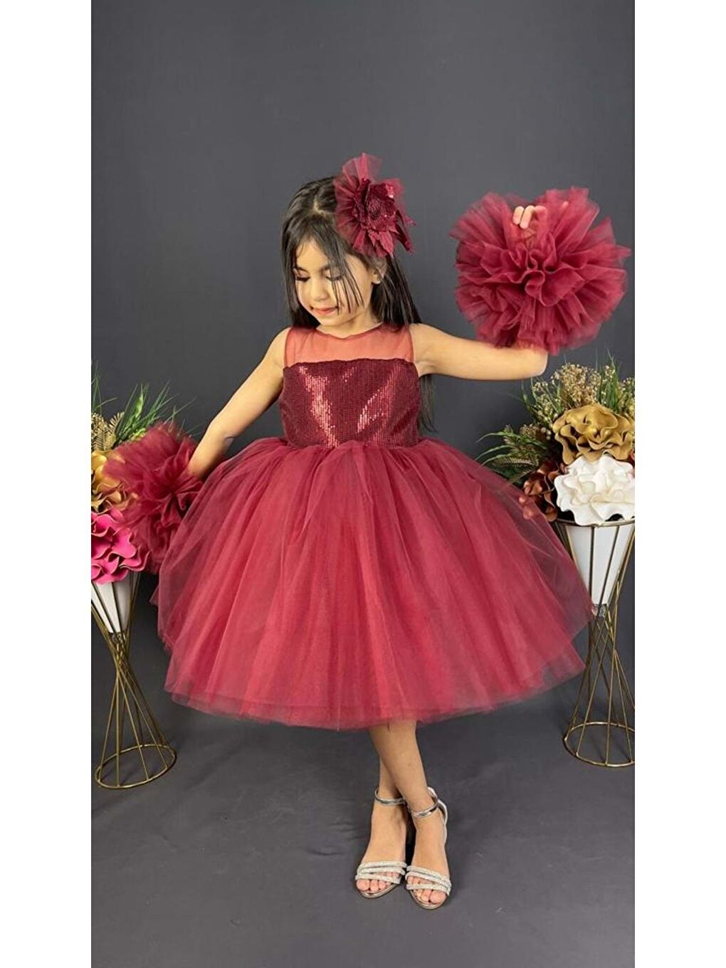 Bordo Şifon Robalı Ponpon Kol Pul Payetli Kız Çocuk Kabarık Etek Tütülü Abiye-1