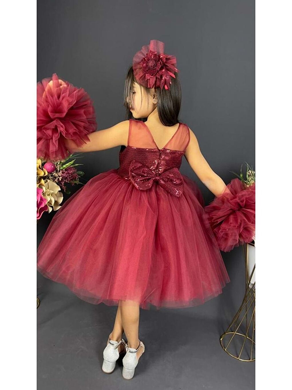 Bordo Şifon Robalı Ponpon Kol Pul Payetli Kız Çocuk Kabarık Etek Tütülü Abiye-2