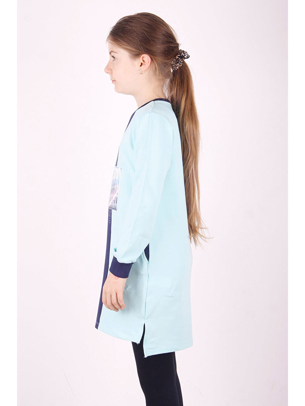 Turkuaz Kız Çocuk Kapüşonlu Garnili Elbise-2