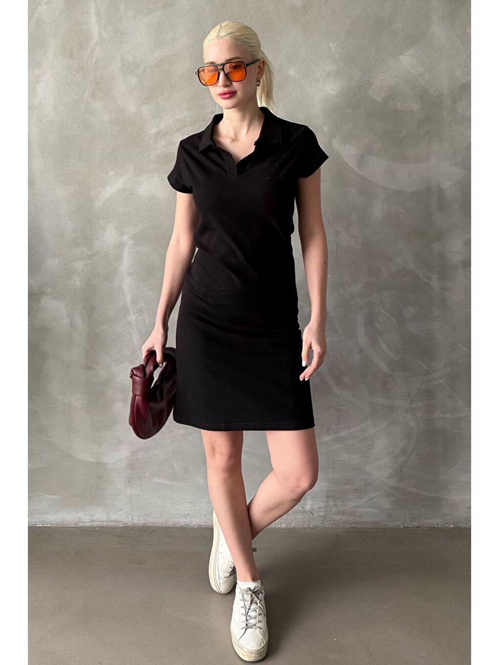 Siyah Düğmeli Polo Yaka Kadın Elbise Mg2305-1