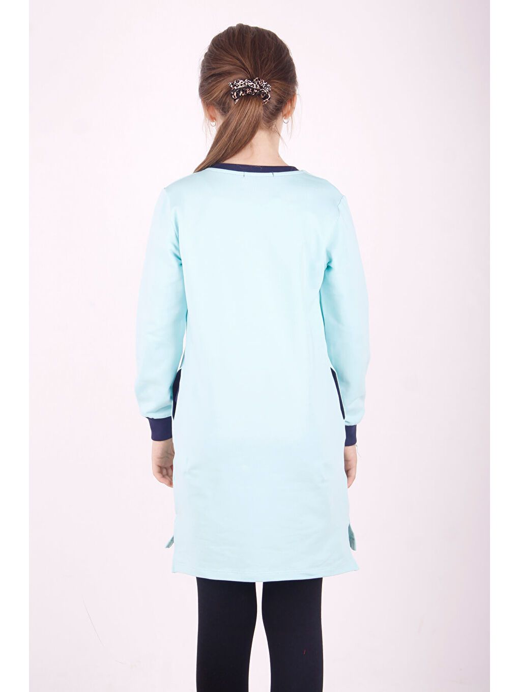 Turkuaz Kız Çocuk Kapüşonlu Garnili Elbise-3