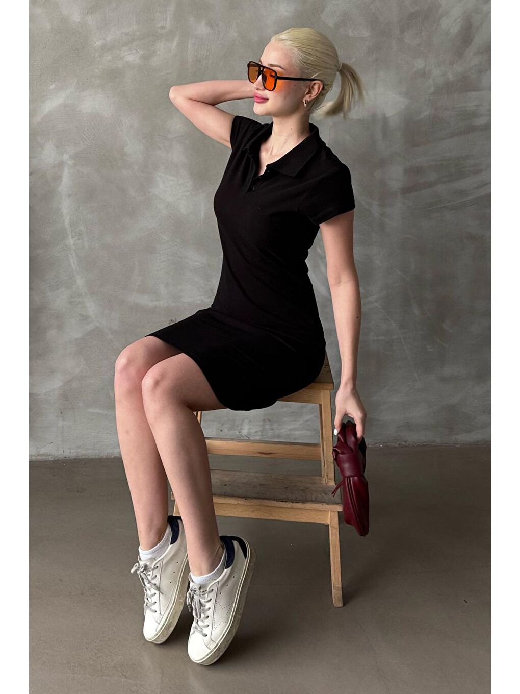 Siyah Düğmeli Polo Yaka Kadın Elbise Mg2305-3