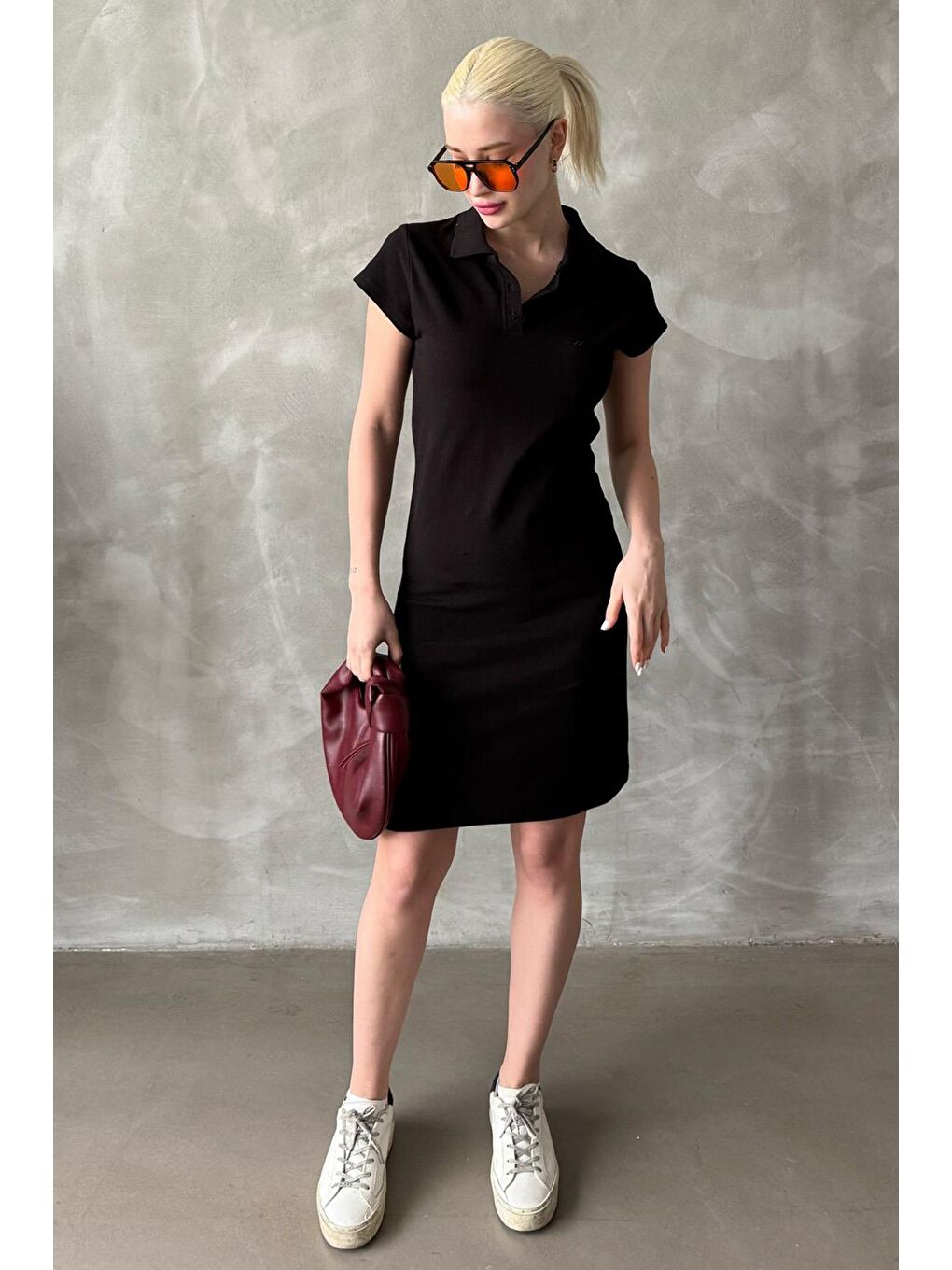 Siyah Düğmeli Polo Yaka Kadın Elbise Mg2305-4