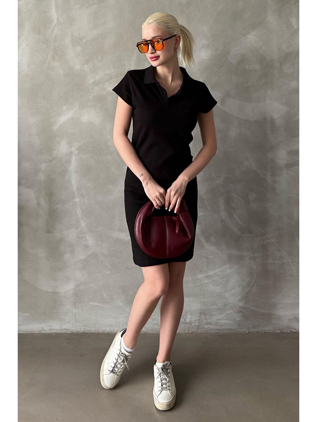 Siyah Düğmeli Polo Yaka Kadın Elbise Mg2305-5