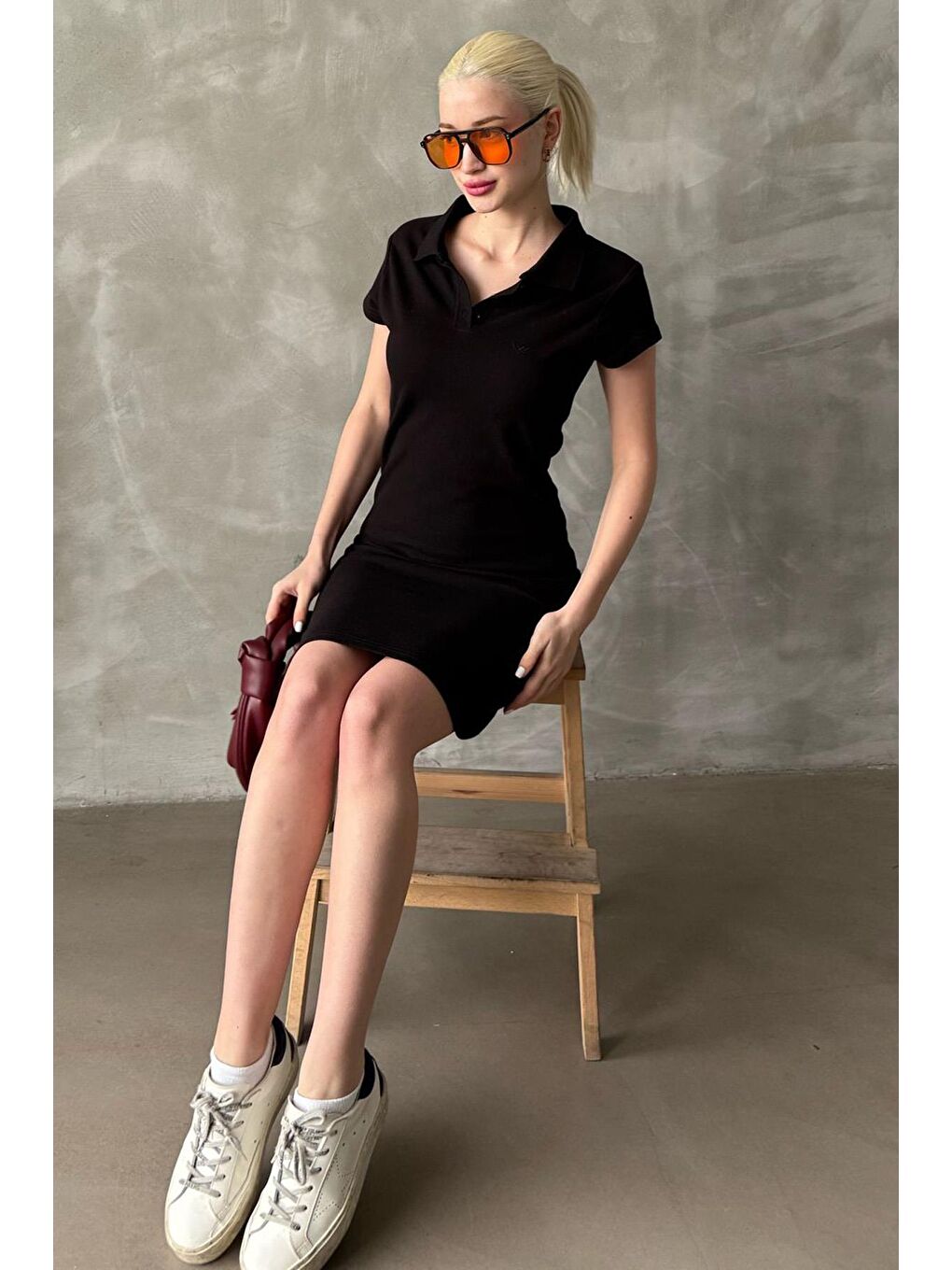 Siyah Düğmeli Polo Yaka Kadın Elbise Mg2305-6