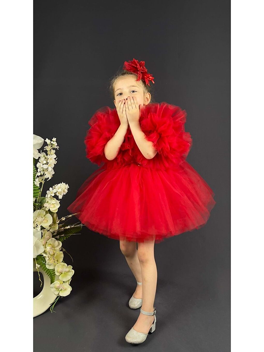 Kırmızı Şifon Robalı Ponpon Kol Pul Payetli Kız Çocuk Kabarık Etek Tütülü Abiye-2