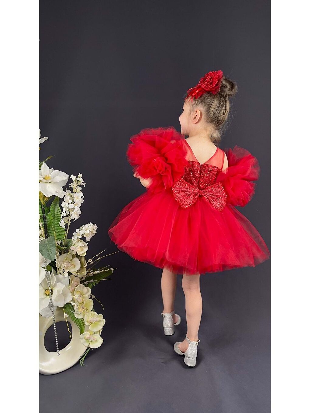Kırmızı Şifon Robalı Ponpon Kol Pul Payetli Kız Çocuk Kabarık Etek Tütülü Abiye-4