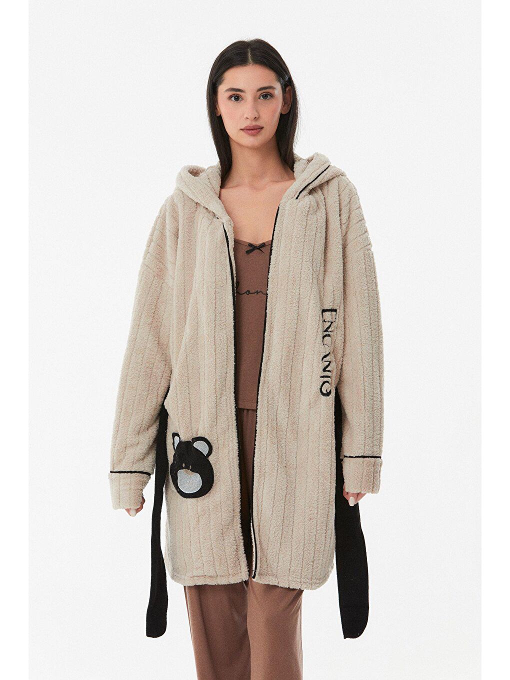 Bej Baskılı Kapüşonlu Sabahlık