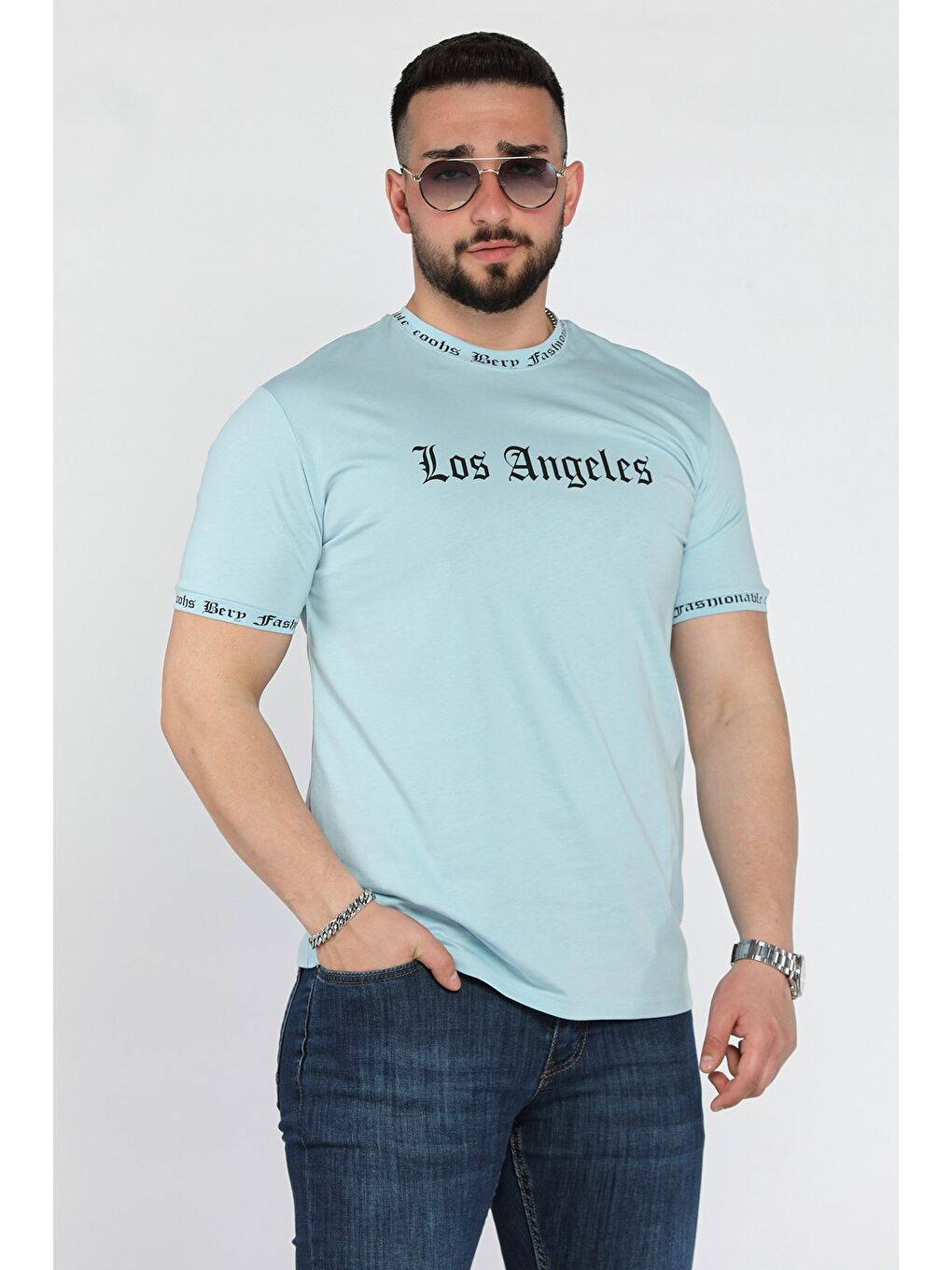 Yeşil Erkek Bisiklet Yaka Yazı Baskılı Tişört