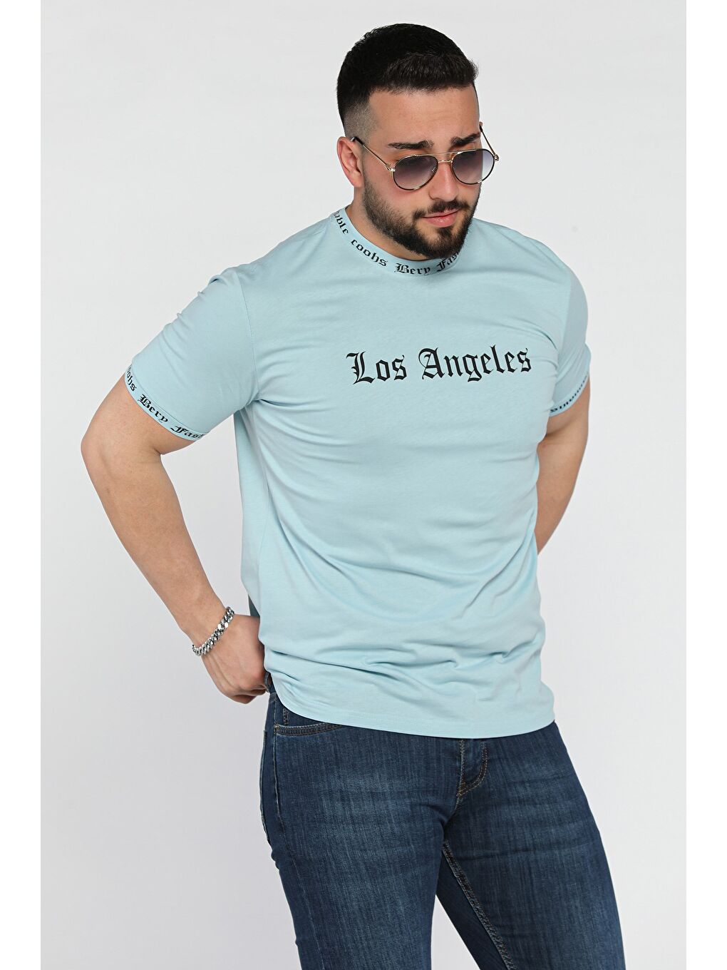 Yeşil Erkek Bisiklet Yaka Yazı Baskılı Tişört-1