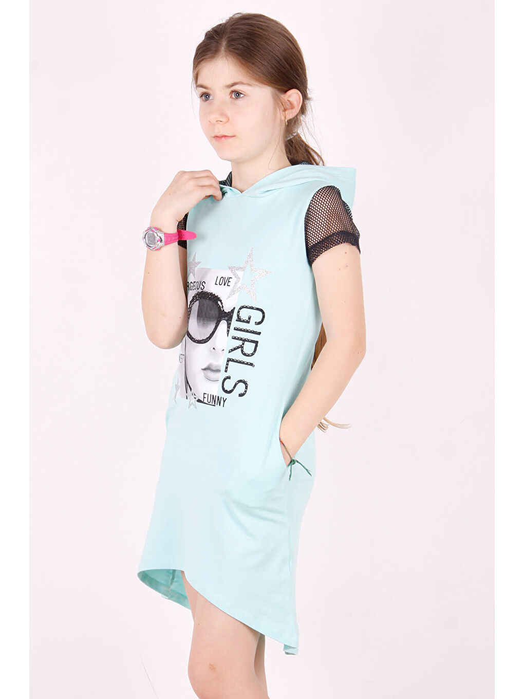 Turkuaz Kız Çocuk Kapüşonlu Cepli Elbise-2