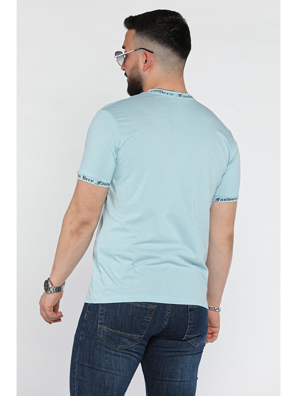 Yeşil Erkek Bisiklet Yaka Yazı Baskılı Tişört-2