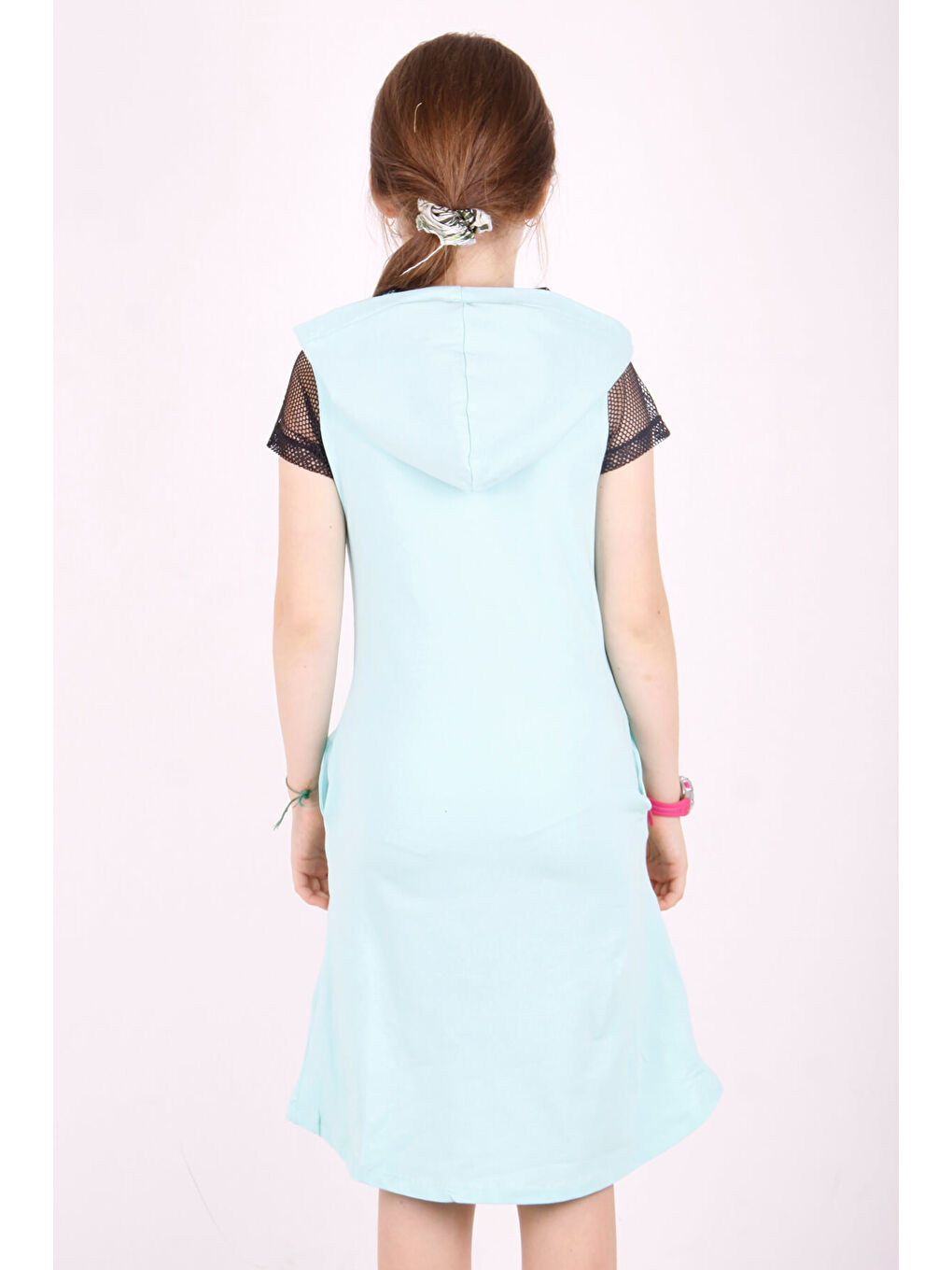 Turkuaz Kız Çocuk Kapüşonlu Cepli Elbise-3