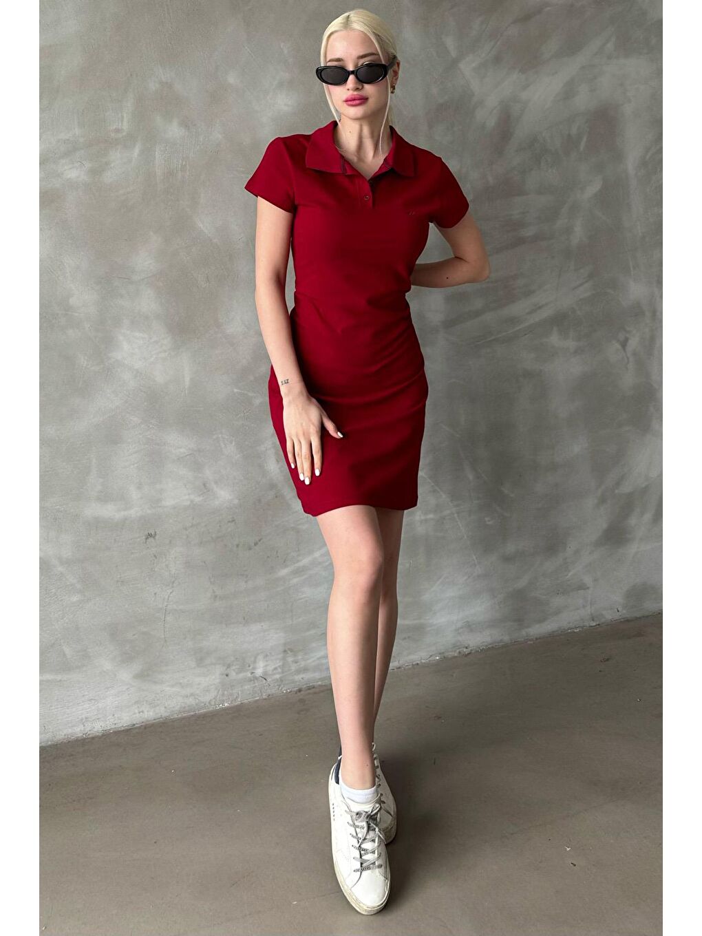 Bordo Düğmeli Polo Yaka Kadın Elbise Mg2305