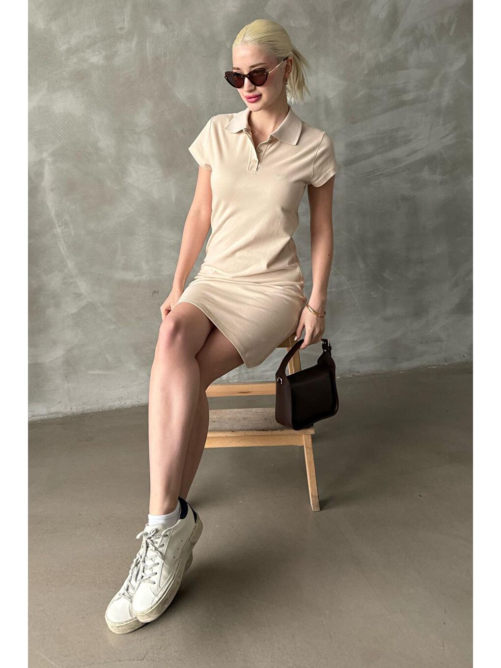 Bej Düğmeli Polo Yaka Kadın Elbise Mg2305-1