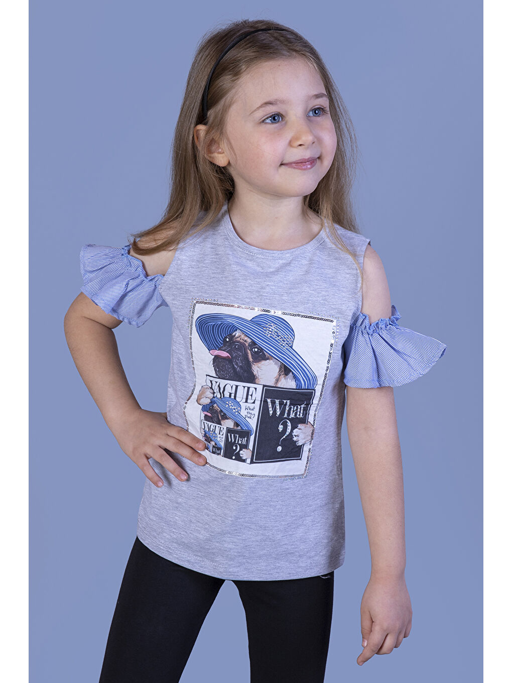 Gri Kız Çocuk Şapkası Garnili Köpek Baskılı Tişört