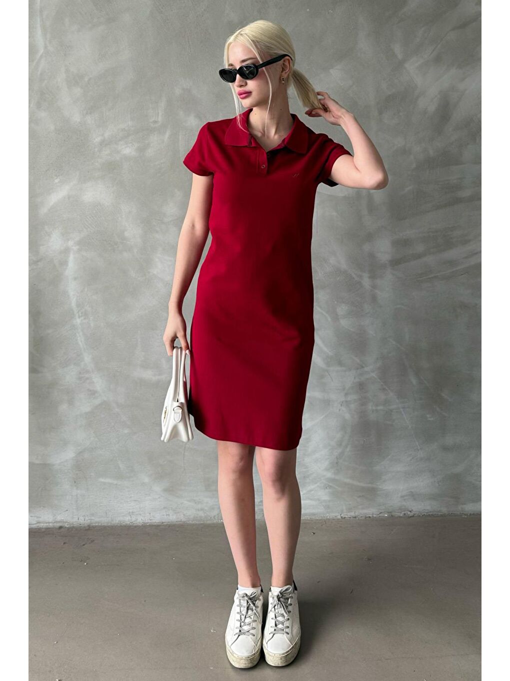 Bordo Düğmeli Polo Yaka Kadın Elbise Mg2305-3