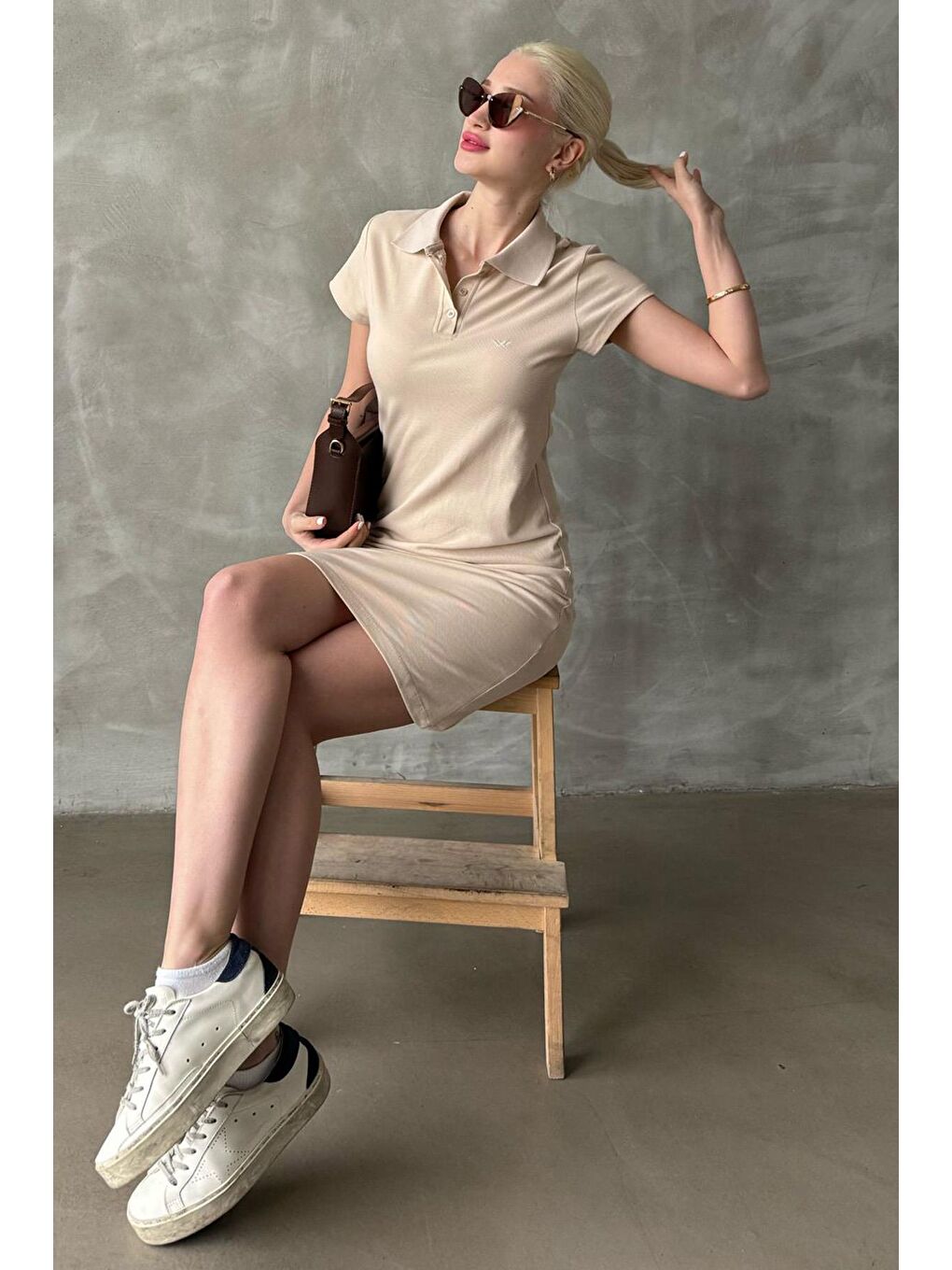 Bej Düğmeli Polo Yaka Kadın Elbise Mg2305-3