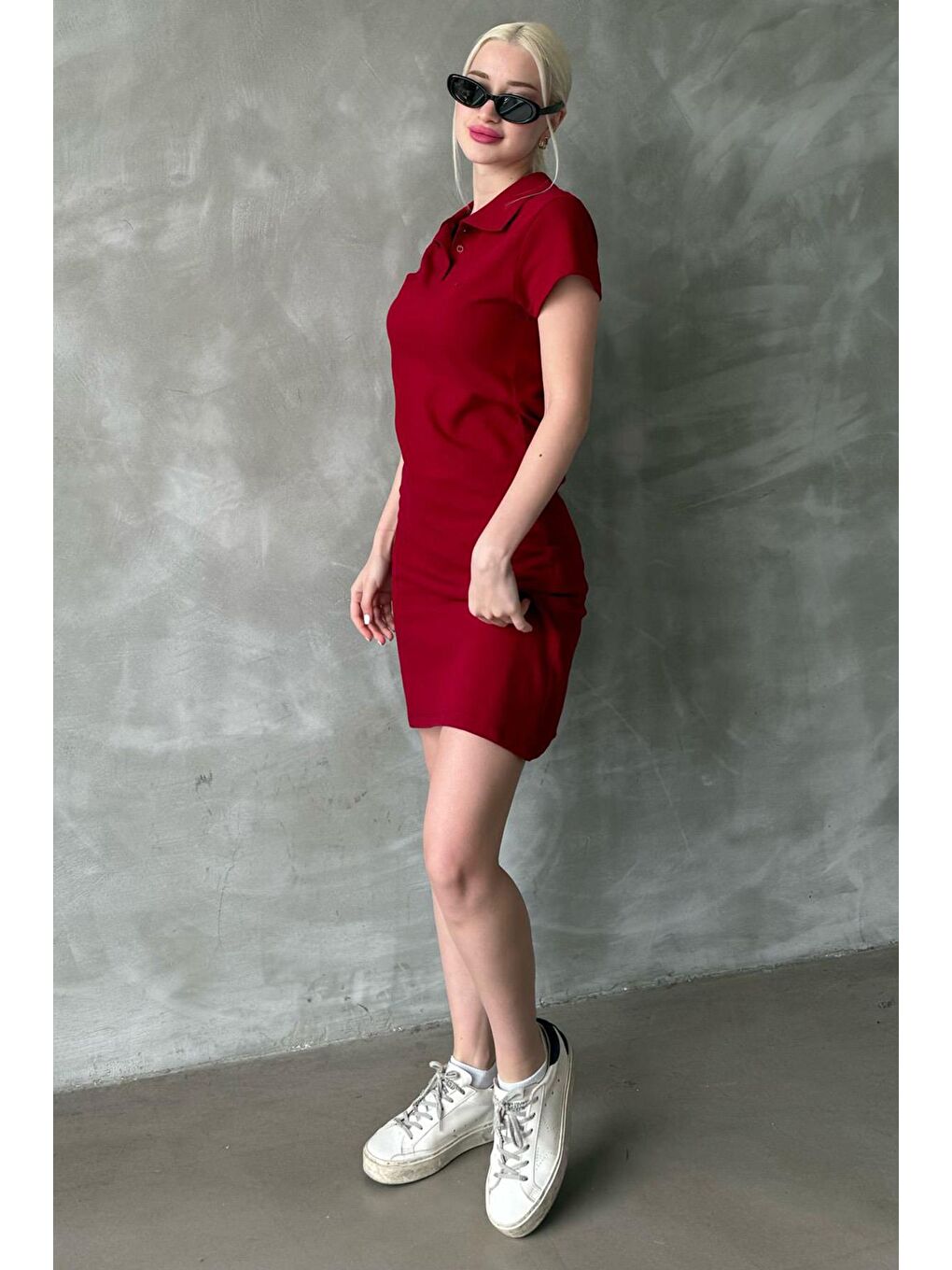 Bordo Düğmeli Polo Yaka Kadın Elbise Mg2305-4