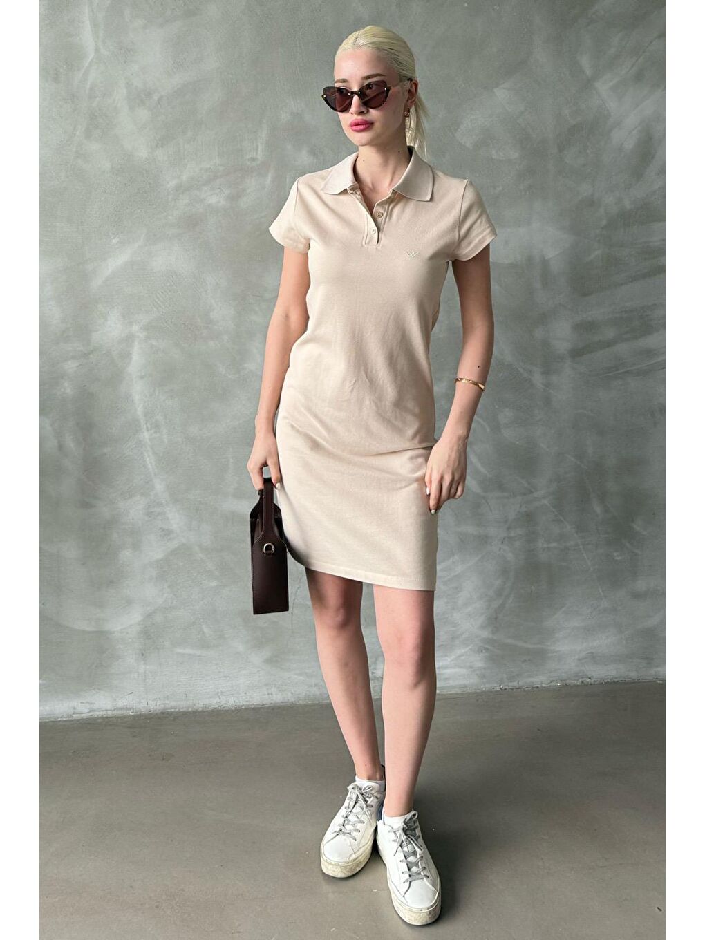 Bej Düğmeli Polo Yaka Kadın Elbise Mg2305-4