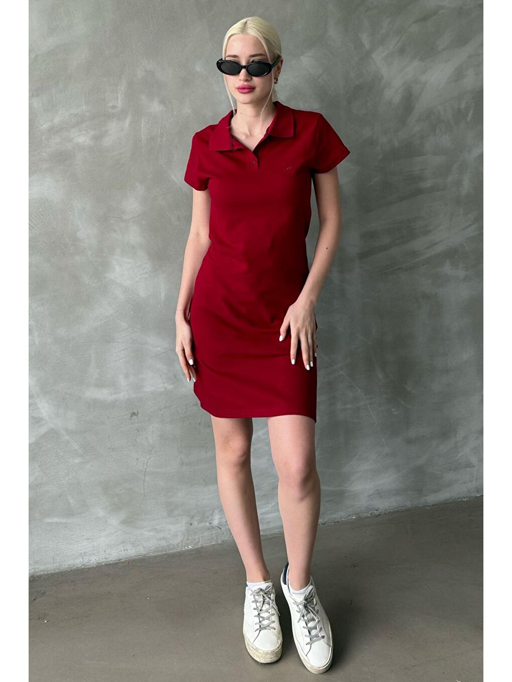 Bordo Düğmeli Polo Yaka Kadın Elbise Mg2305-5
