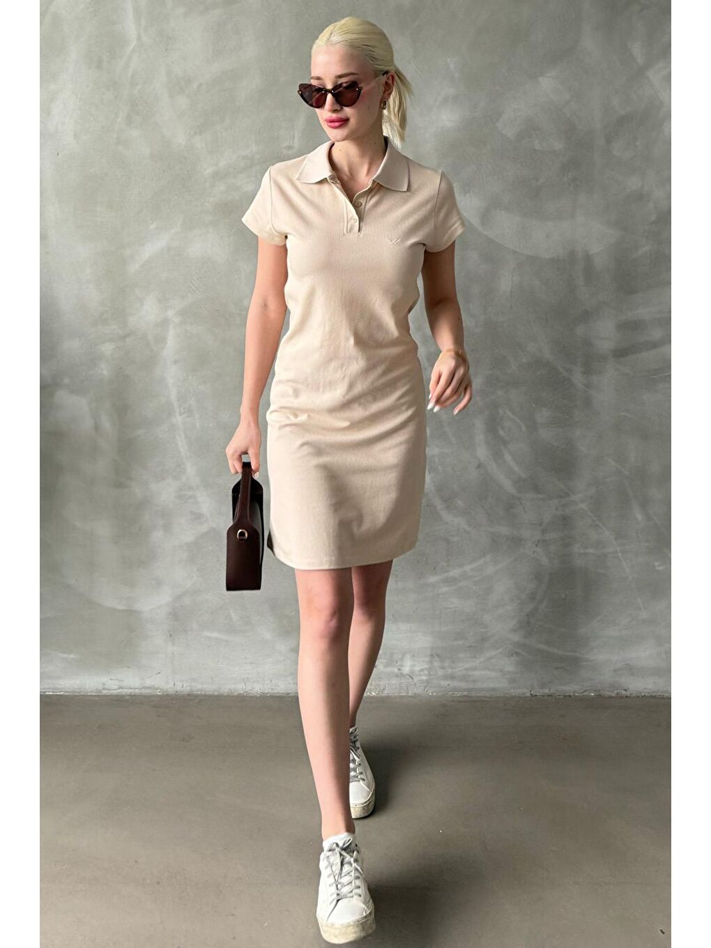 Bej Düğmeli Polo Yaka Kadın Elbise Mg2305-5