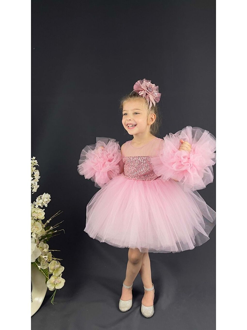 Pembe Şifon Robalı Ponpon Kol Pul Payetli Kız Çocuk Kabarık Etek Tütülü Abiye-1