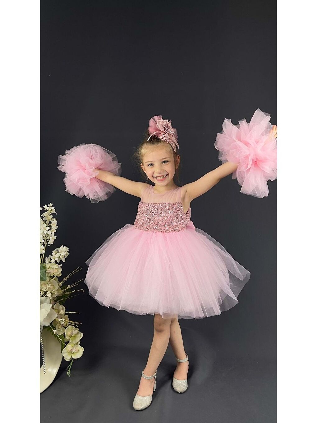 Pembe Şifon Robalı Ponpon Kol Pul Payetli Kız Çocuk Kabarık Etek Tütülü Abiye-2