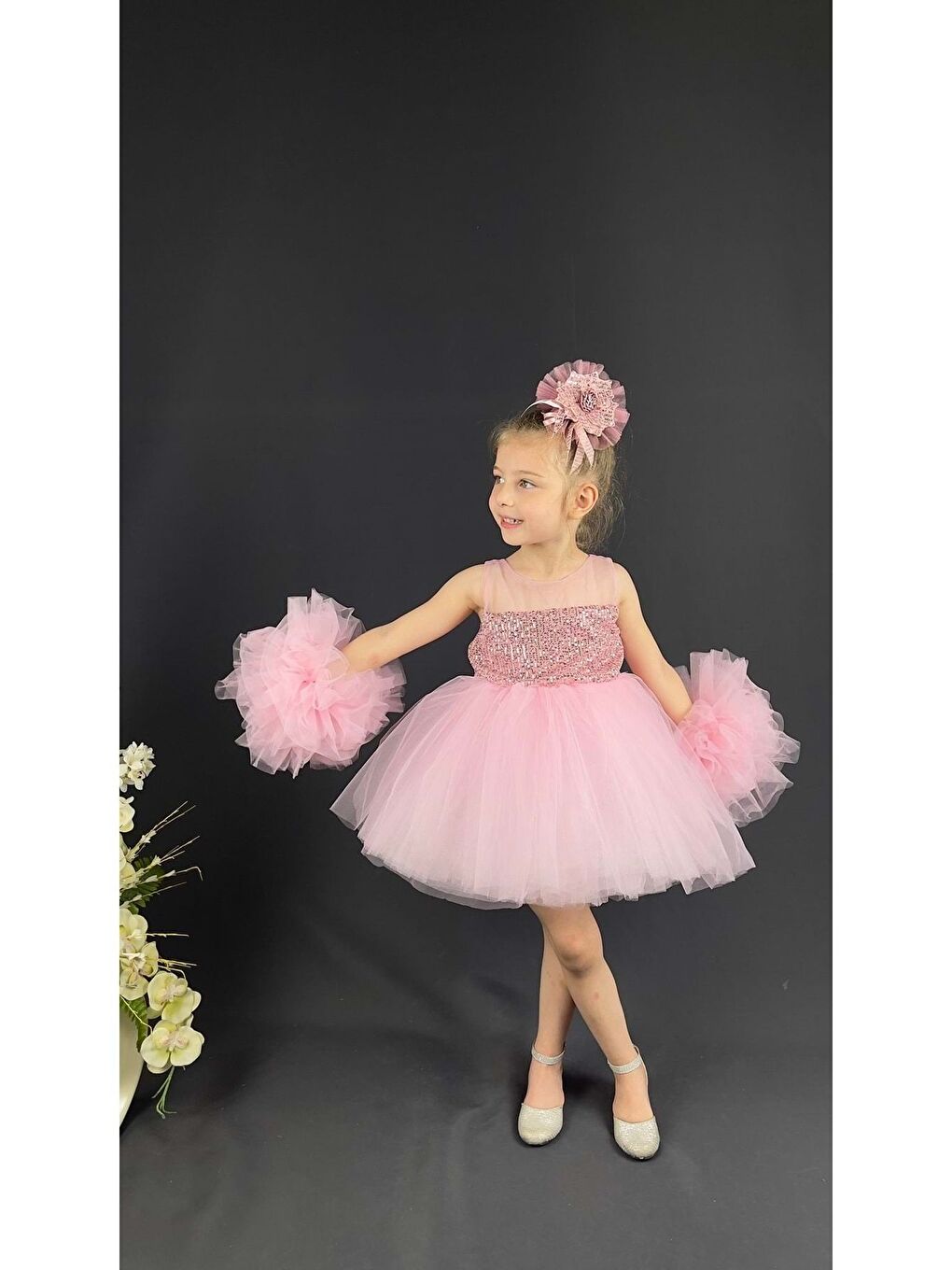 Pembe Şifon Robalı Ponpon Kol Pul Payetli Kız Çocuk Kabarık Etek Tütülü Abiye-3