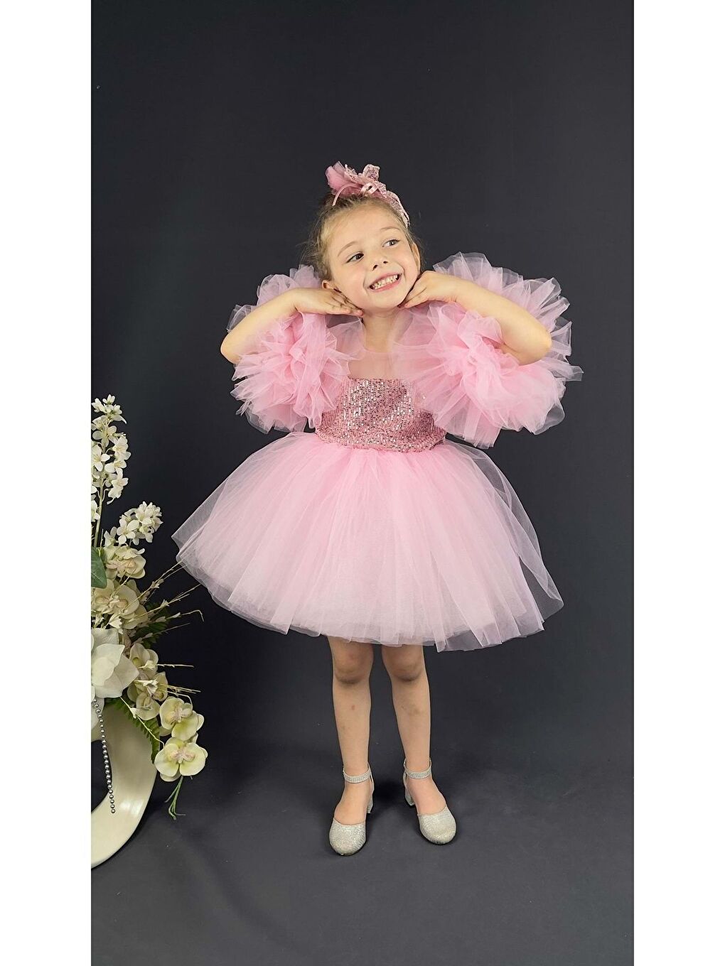 Pembe Şifon Robalı Ponpon Kol Pul Payetli Kız Çocuk Kabarık Etek Tütülü Abiye-4