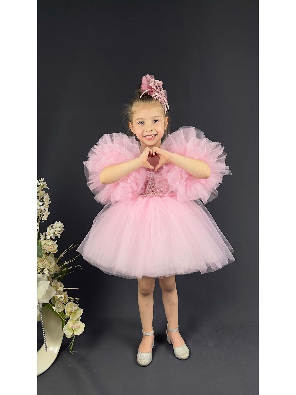 Pembe Şifon Robalı Ponpon Kol Pul Payetli Kız Çocuk Kabarık Etek Tütülü Abiye-5