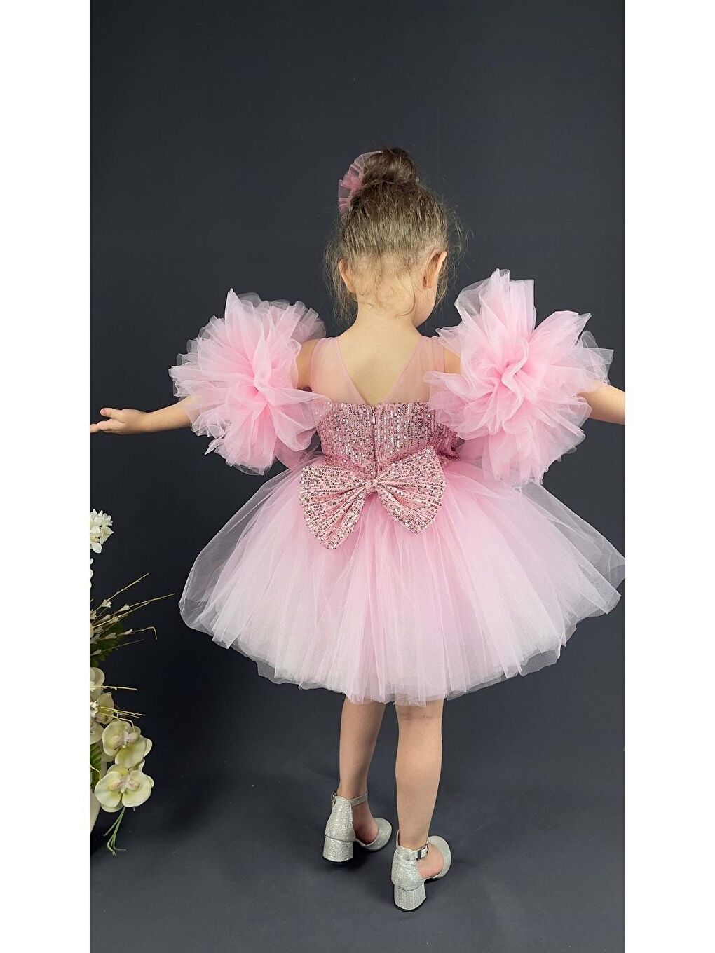 Pembe Şifon Robalı Ponpon Kol Pul Payetli Kız Çocuk Kabarık Etek Tütülü Abiye-6
