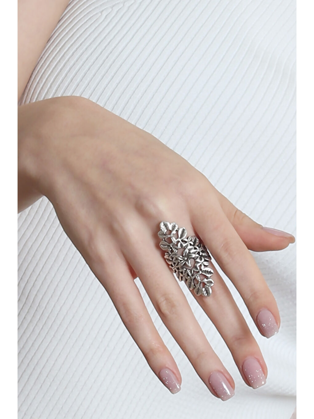 Gri KADIN ANTİK GÜMÜŞ KAPLAMA ÇİÇEK YÜZÜK-2