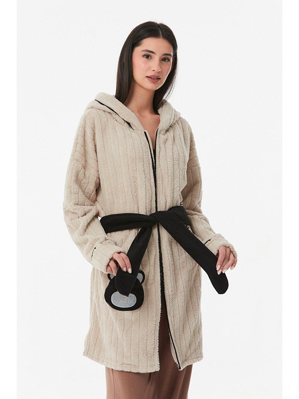 Bej Baskılı Kapüşonlu Sabahlık-2