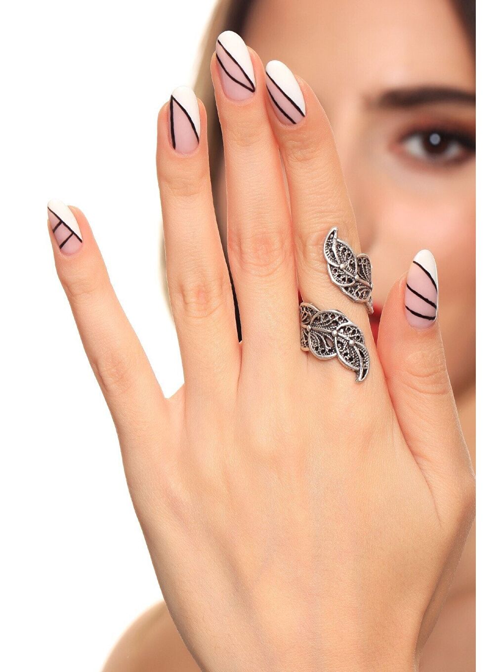 Gri Kadın Antik Gümüş Kaplama Yaprak Yüzük-2