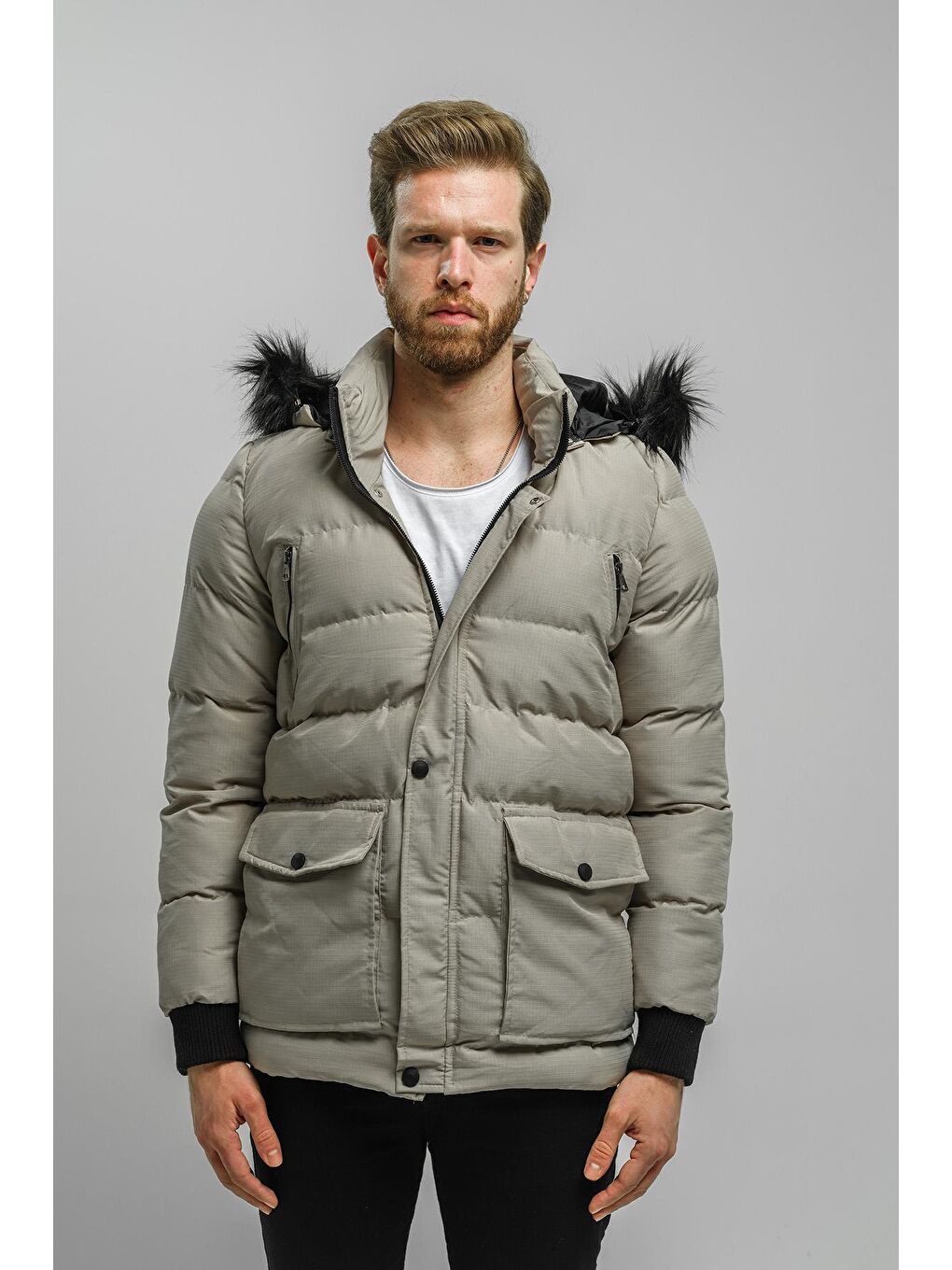 Gri Kapüşonu Kürklü Suya Dayanıklı Erkek Şişme  Mont