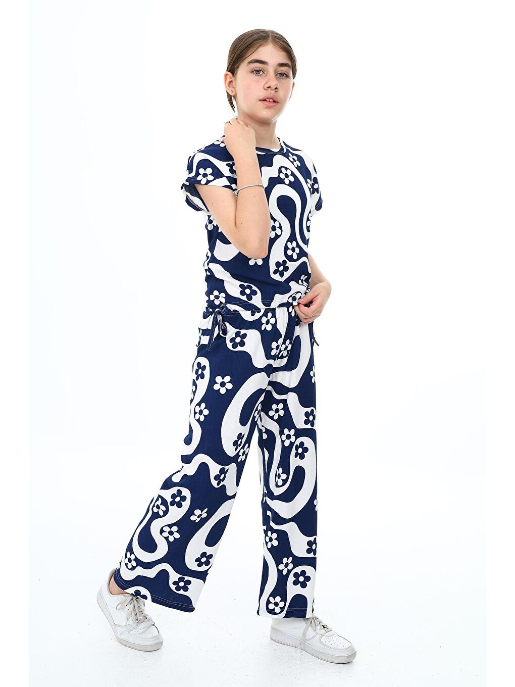 Lacivert Kız Çocuk Papatya Desenli 2'li Takım 613 Yaş 9380-1