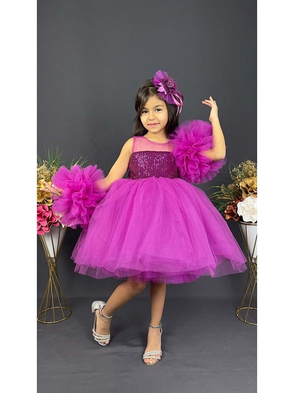 Mor Şifon Robalı Ponpon Kol Pul Payetli Kız Çocuk Kabarık Etek Tütülü Abiye-1