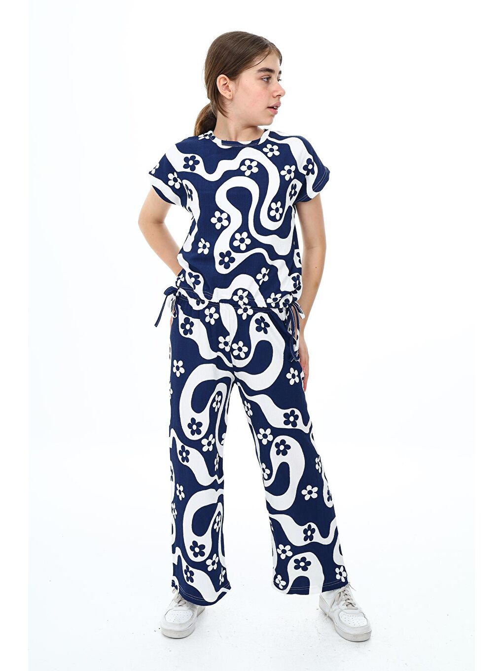 Lacivert Kız Çocuk Papatya Desenli 2'li Takım 613 Yaş 9380-2