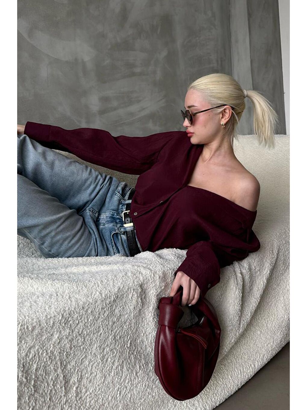 Bordo Kırışık Desen Kadın Gömlek Mg2313-1