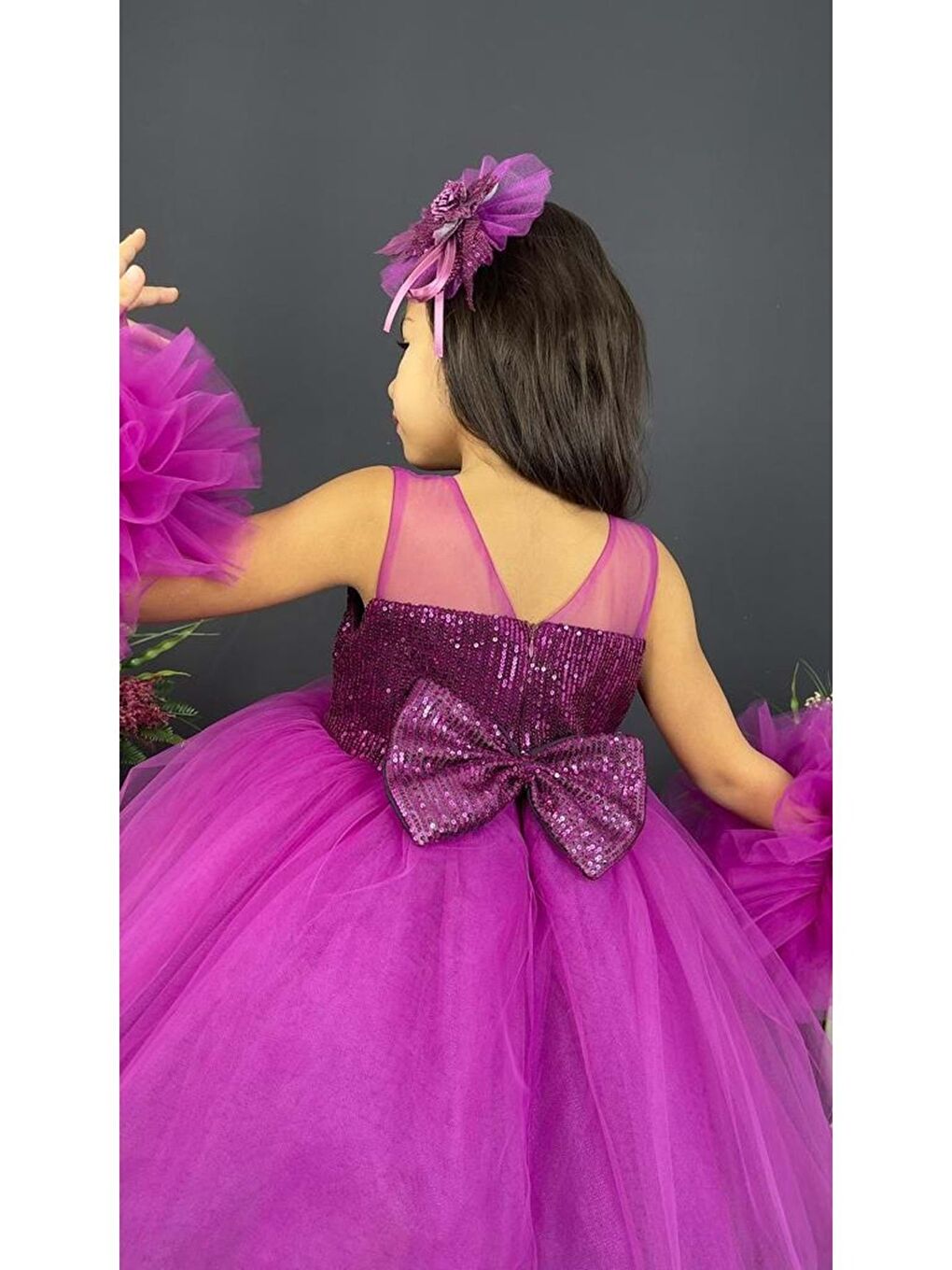 Mor Şifon Robalı Ponpon Kol Pul Payetli Kız Çocuk Kabarık Etek Tütülü Abiye-2