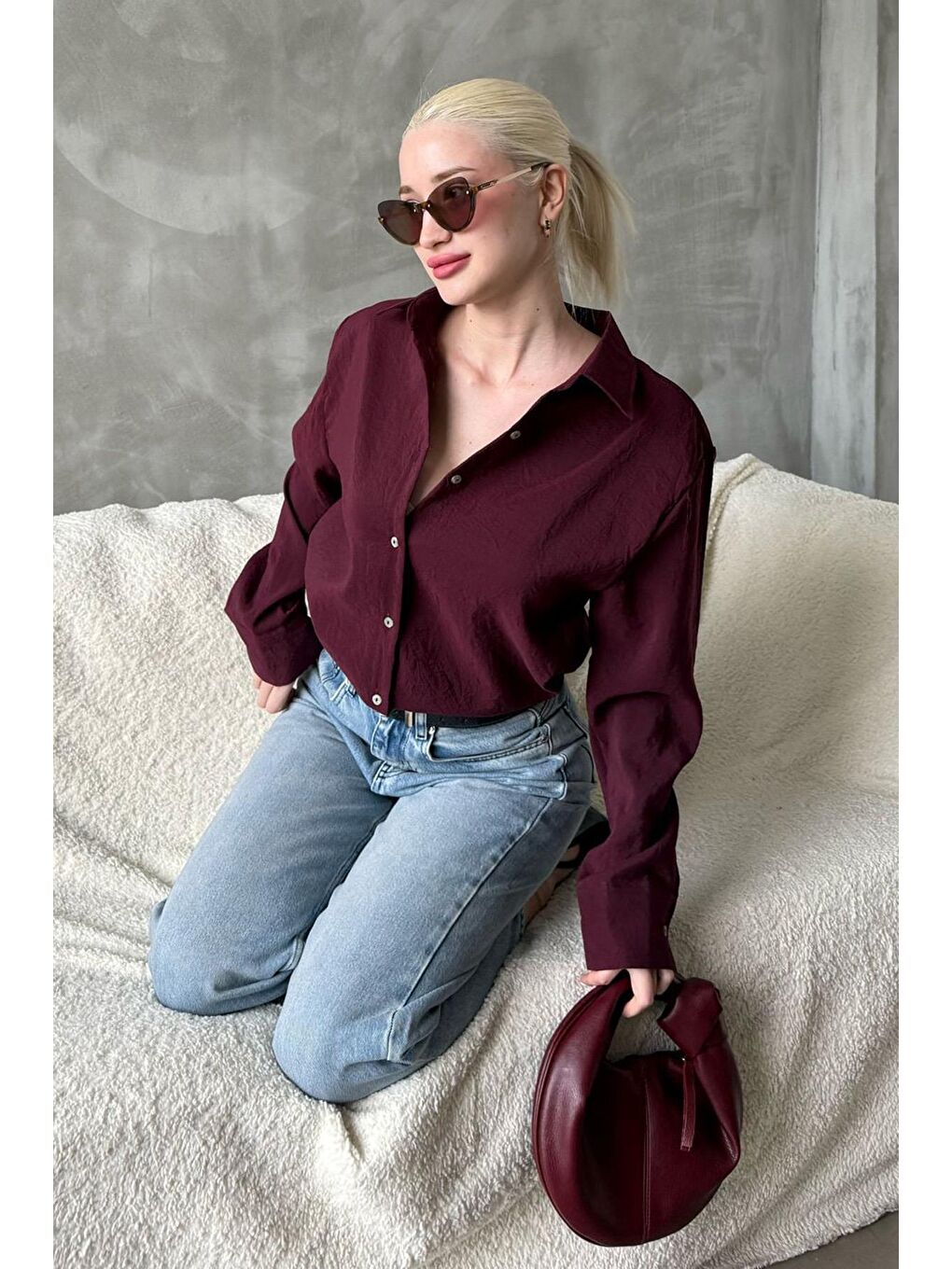 Bordo Kırışık Desen Kadın Gömlek Mg2313-2