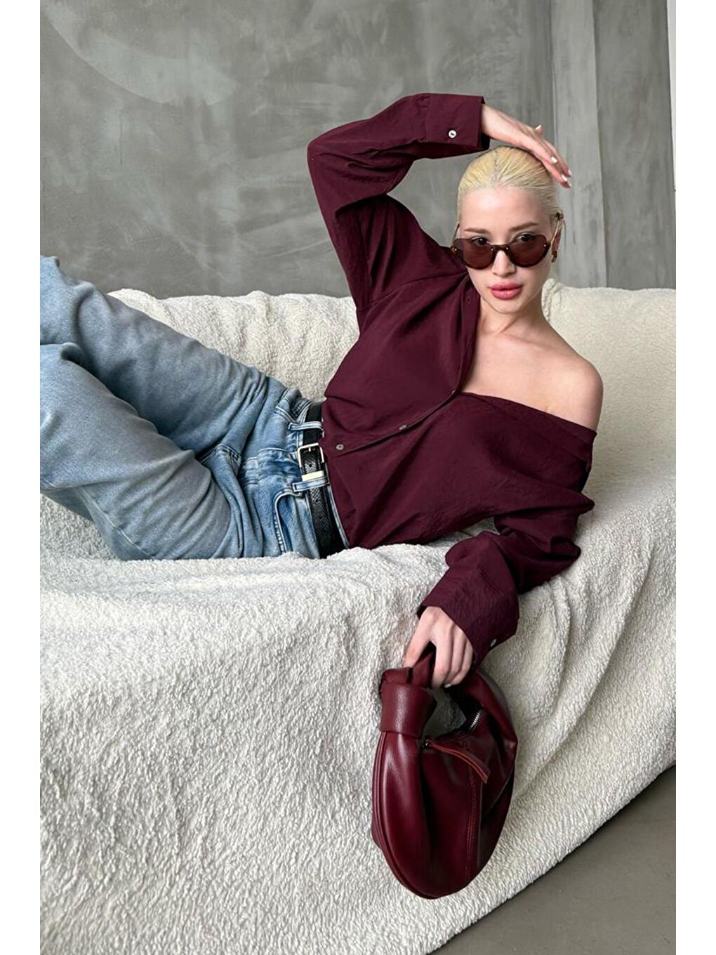 Bordo Kırışık Desen Kadın Gömlek Mg2313-3