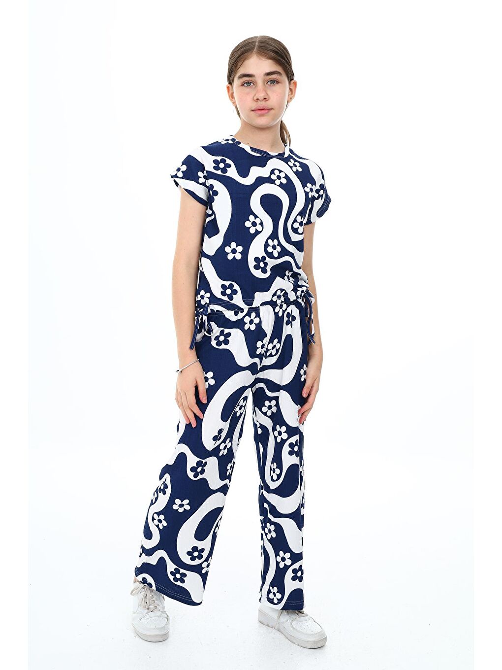 Lacivert Kız Çocuk Papatya Desenli 2'li Takım 613 Yaş 9380-3