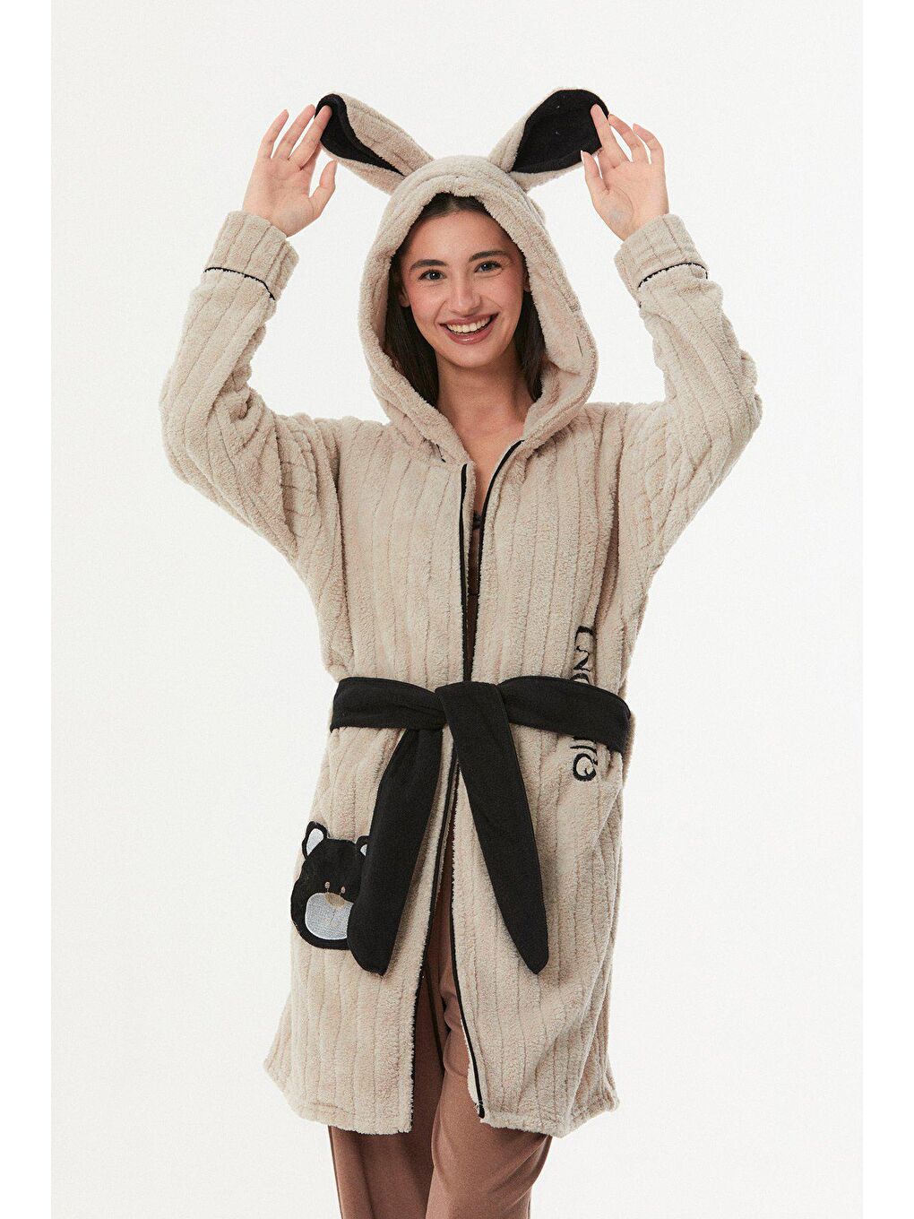 Bej Baskılı Kapüşonlu Sabahlık-4