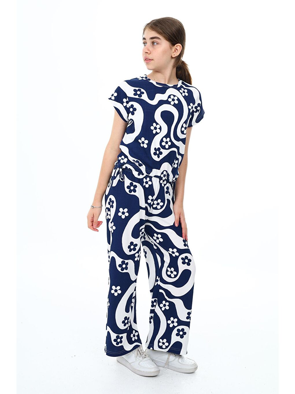 Lacivert Kız Çocuk Papatya Desenli 2'li Takım 613 Yaş 9380-4