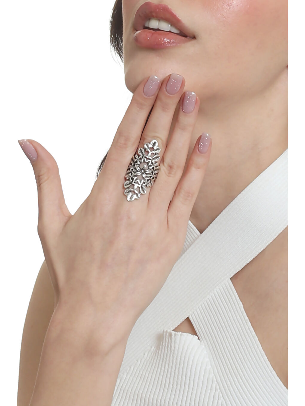 Gri KADIN ANTİK GÜMÜŞ KAPLAMA ÇİÇEK YÜZÜK-7