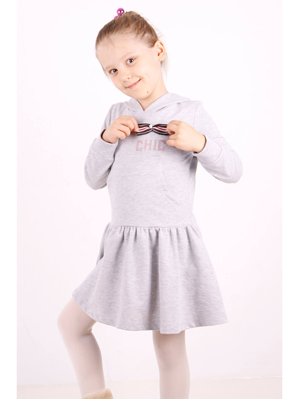 Gri Kız Çocuk Kapüşonlu Taş İşlemeli Elbise